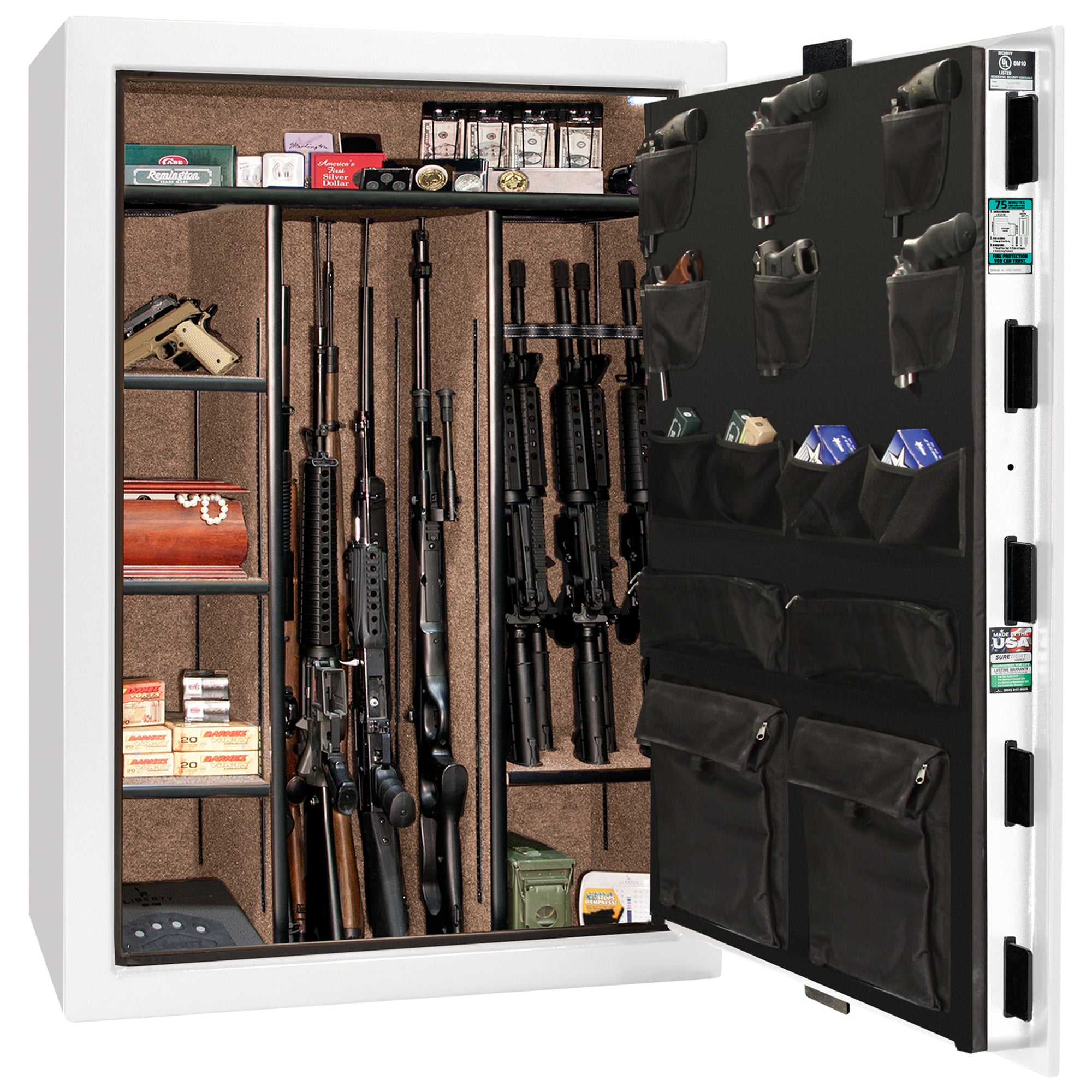 Colonial Series | Level 4 Security | 75 Minute Fire Protection | 35 | DIMENSIONS: 60.5"(H) X 42”(W) X 22"(D*) | White Gloss Brass | Mechanical Lock - open