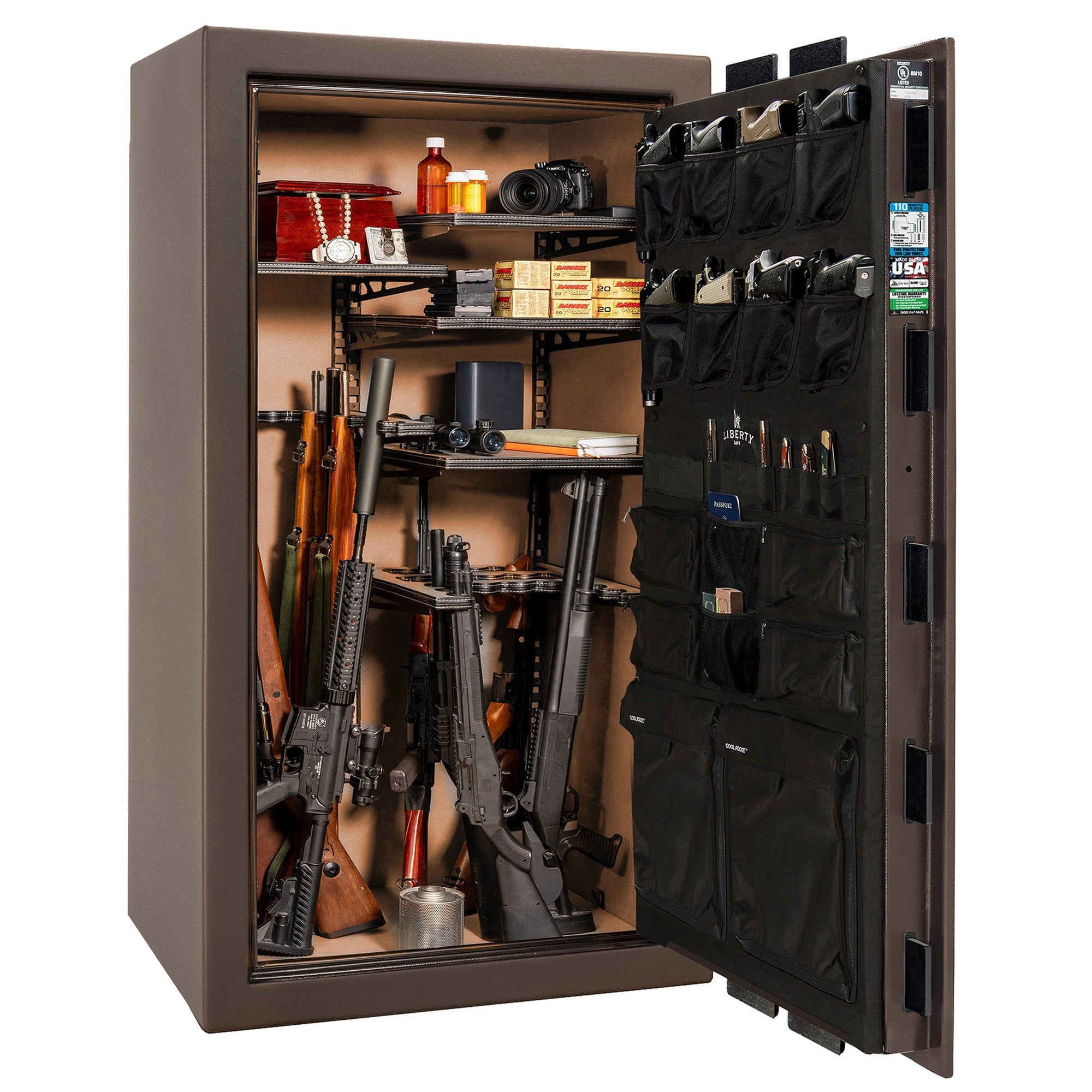 Franklin Series | Level 5 Security | 110 Minute Fire Protection | 40 | DIMENSIONS: 66.5"(H) X 36"(W) X 27.5"(D*) | Textured Bronze | ProFlex Modular Shelving – Open Door