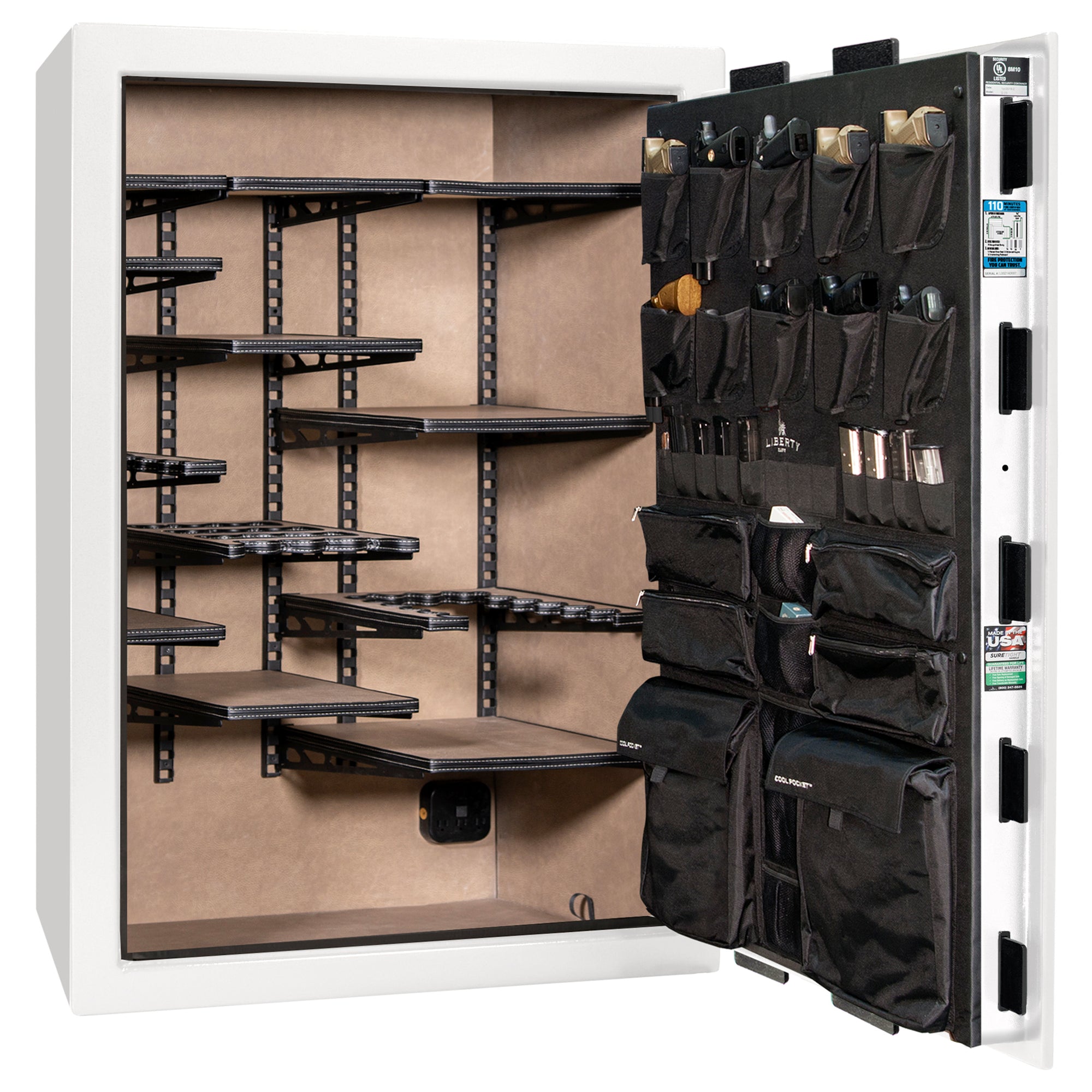 Franklin 45 | Pro Flex Interior | Level 5 Security | 110 Minute Fire Protection | Dimensions: 60.5"(H) x 42"(W) x 27.5"(D) | Up to 60 Long Guns | White Gloss Black Chrome | Electronic Lock - Open